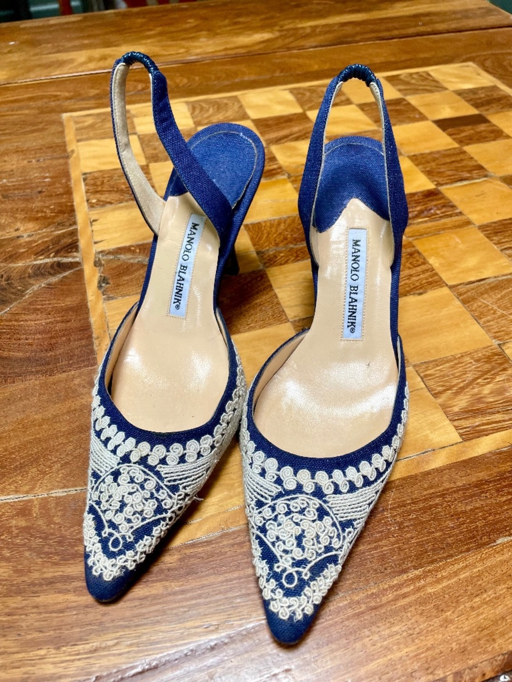 Manolo Blahnik Embroidered Denim Slingback Pumps